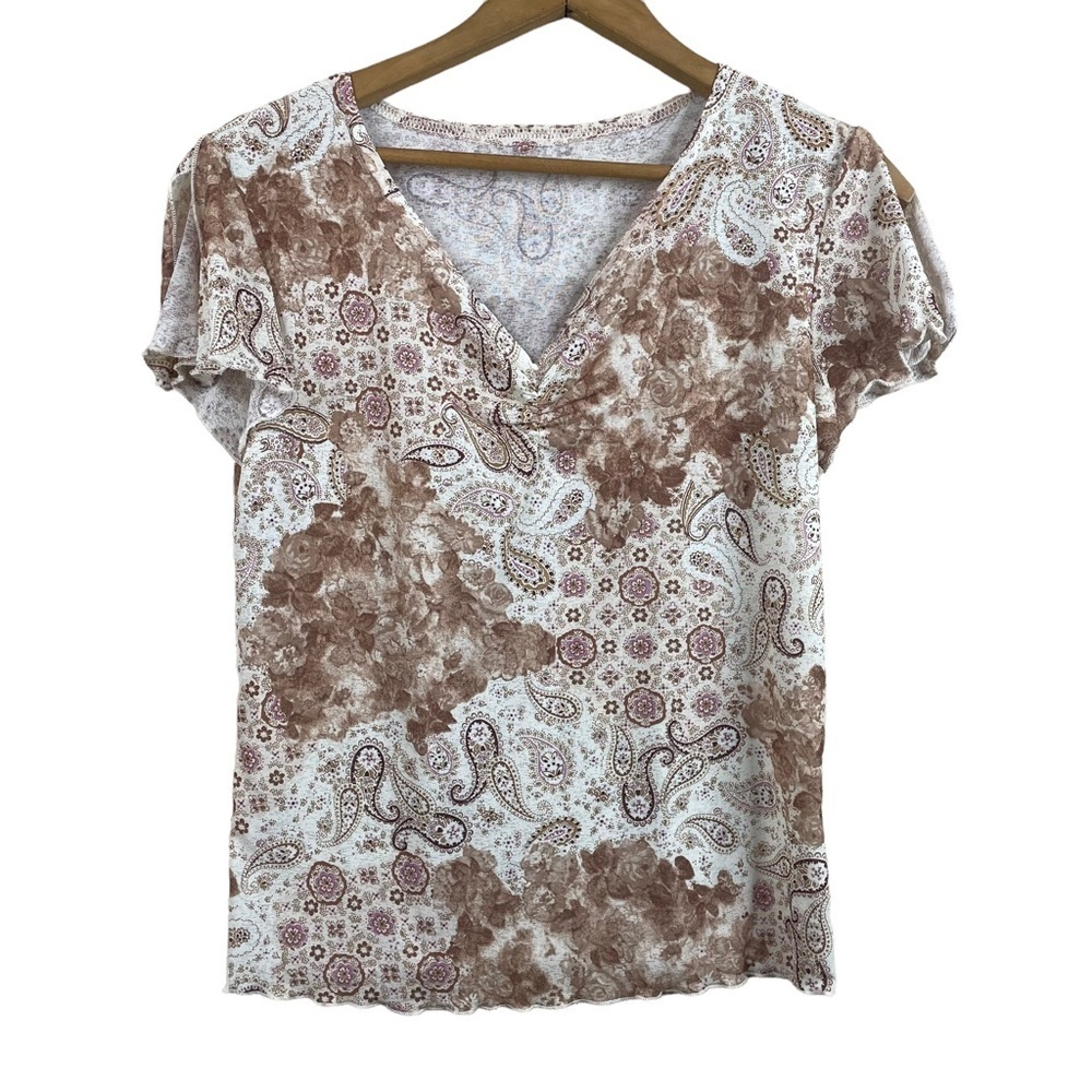 Vintage Y2K Mesh Paisley Print Short Sleeve Top Brown Pink Size M/L Flutter